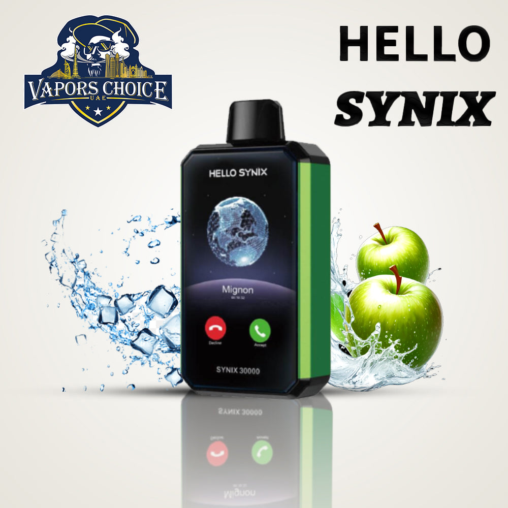 HELLO SYNIX 30000 PUFFS SMART PHONE DISPOSABLE VAPE AI CHAT & DISPLAY Sour Apple Ice UAE Al Ain